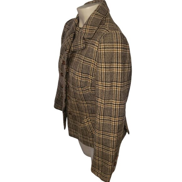 Vintage Plaid Wool Two-Piece Jacket Sleeveless Top Brown/Beige Checkered Women S - Picture 3 of 10